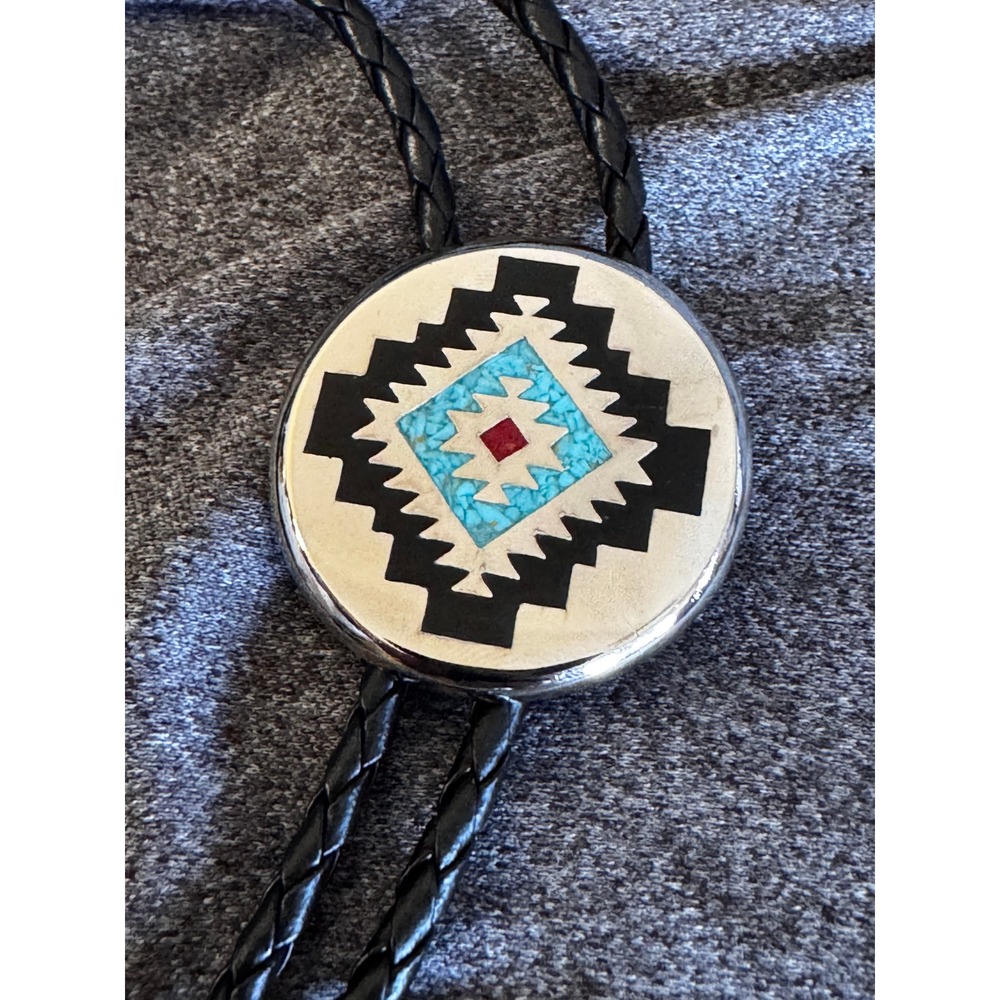 Vintage G&S 1995 Southwestern Turquoise Inlay Bolo Tie Silver Tone Black Braided